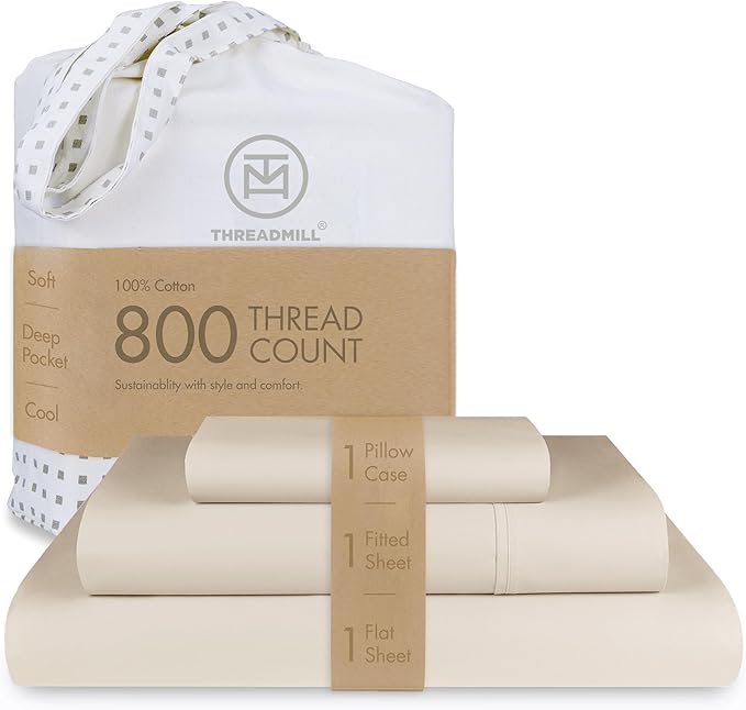 Threadmill Luxury 800 Thread Count 100% Cotton Sheets - Sateen Weave Twin XL Bed-Sheets, Better Than Egyptian Cotton,3 Pc Solid Soft Bedding Set (Light Beige), Fits 15" Deep Pocket