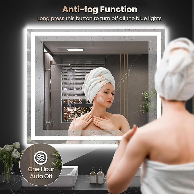 48"X32" LED Bathroom Mirror with Front Lights and Backlit, Anti-Fog, Dimmable, Shatter-Proof Tempered Glass, Lighted Bathroom Vanity Mirror for Wall with 3 Colors, Memory Function