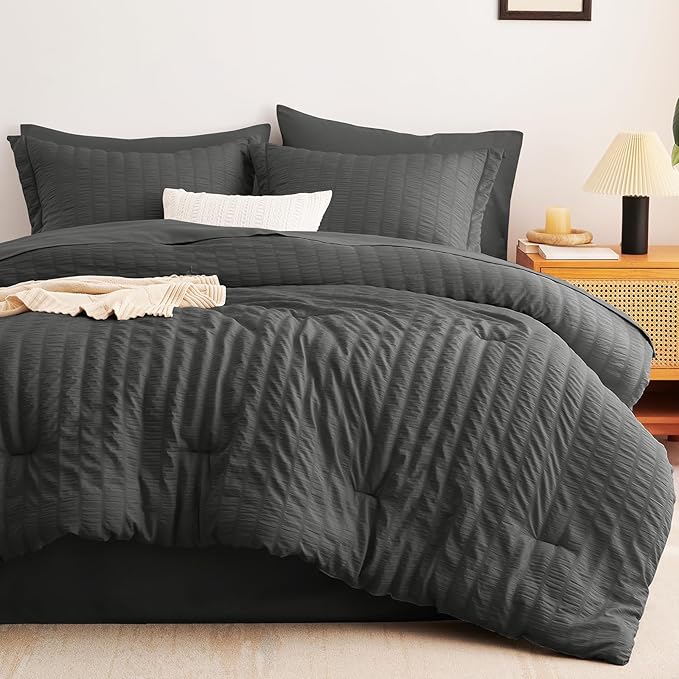 CozyLux California King Comforter Set with Sheets 7 Pieces, Dark Grey Seersucker Bed in a Bag Cal King Luxury Soft Bedding Sets with Down Alternative Comforter, Sheets, Pillowcases & Shams All Season