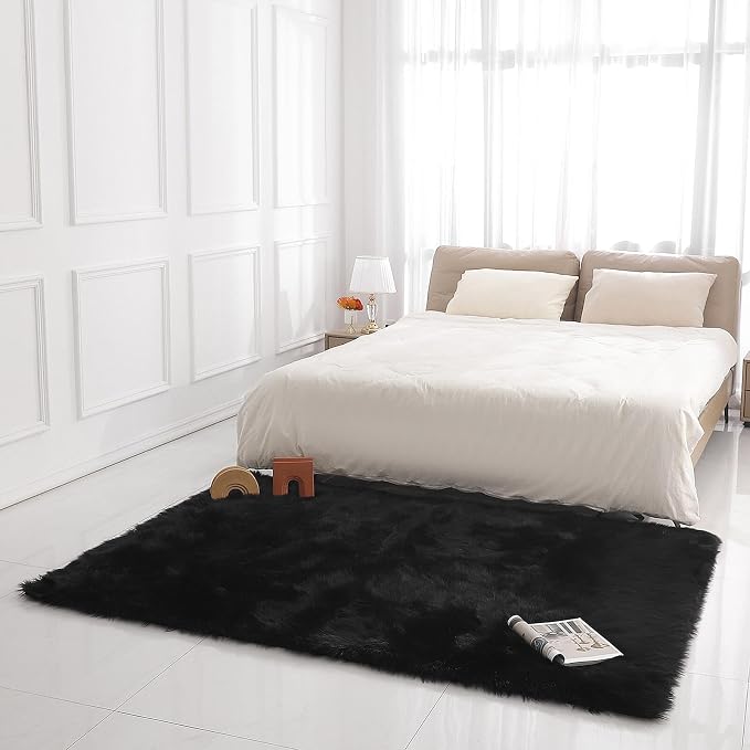 linmopm Faux Fur Rug Sheepskin Shag Fluffy Fuzzy 5x7 ft Black Rugs - Image 3