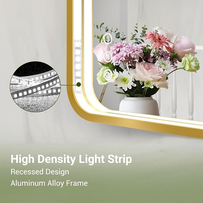 LED Bathroom Mirror with Lights, 40x28 Inch Gold Metal Framed LED Mirror for Bathroom, 3 Colors and Stepless Dimmable Wall Mounted Lighted Bathroom Vanity Mirror, Anti-Fog, Memory