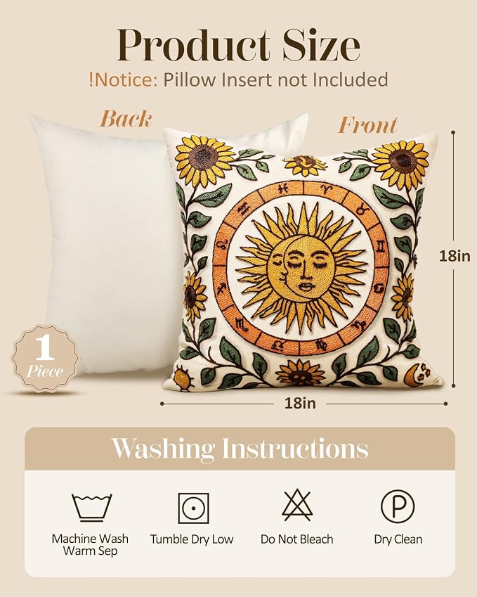 Embroidered Throw Pillow Cover 18x18 Inch, Sunflower Moon | Decorative Pillow - Image 4
