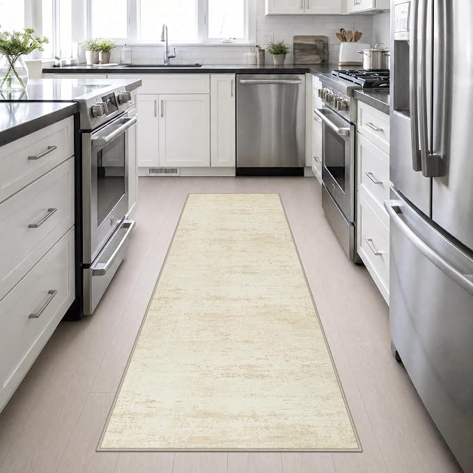 2.6x10 Washable Runner Rug:Modern Abstract Indoor Soft Carpet Beige | - Image 5