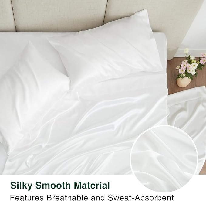 Love's cabin Satin King Sheet Sets - 4 Piece White Silky Sheets King Size Bed Set with Deep Pocket, Luxury Silk Feel King Size Satin Sheet Set (1 Flat Sheet,1 Fitted Sheet,2 Pillow Cases)