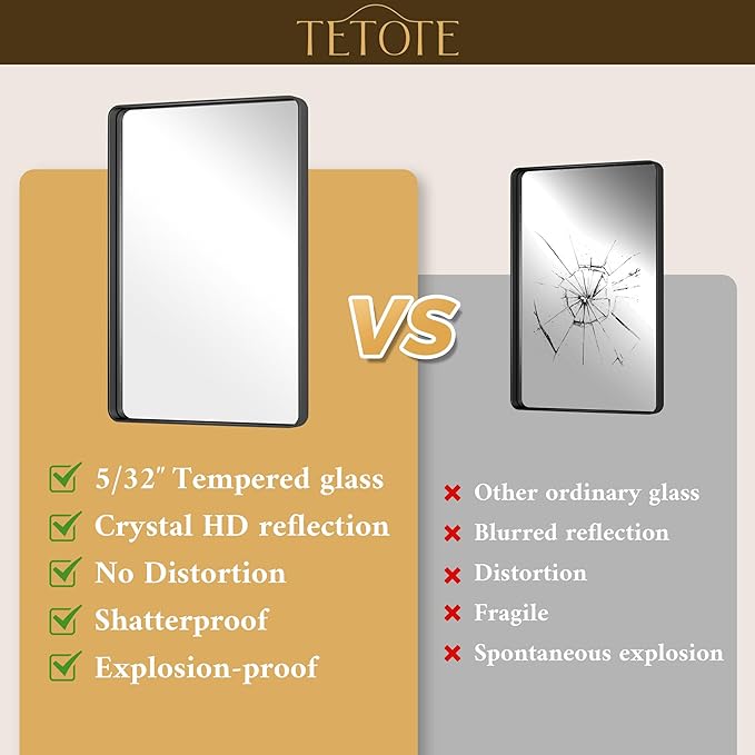 TETOTE Black Mirror 40 x 24 Inch Matte Black Bathroom Mirrors, Tempered Glass, Modern Farmhouse Wall Mounted Mirror for Decorative(Horizontal/Vertical)