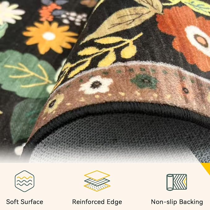 RELEANY Floral Washable 6x9 Area Rugs Black/Yellow | Flower Carpet Print Boho - Image 3