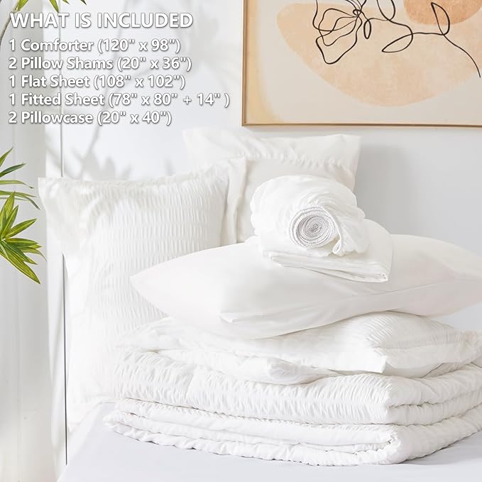 CozyLux Oversized King Comforter Set White Seersucker 7 Pieces 120x98 Bed in a Bag Comforter Set with Sheets, Luxury Soft Bedding Sets with Down Alternative Comforter, Sheets, Pillowcases & Shams