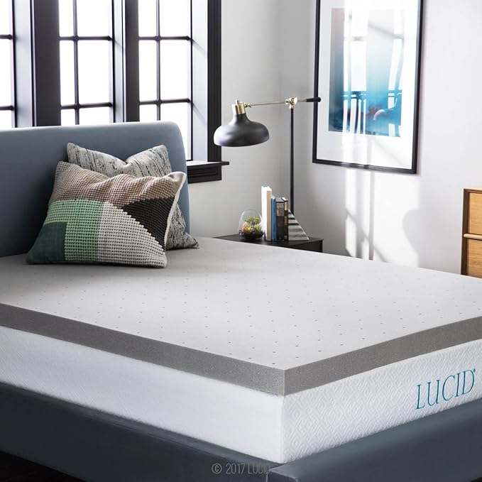 Lucid 3 Inch Ventilated Bamboo Charcoal Memory Foam Mattress Topper, CertiPUR-US Certified, Moisture and Odor Control-Full