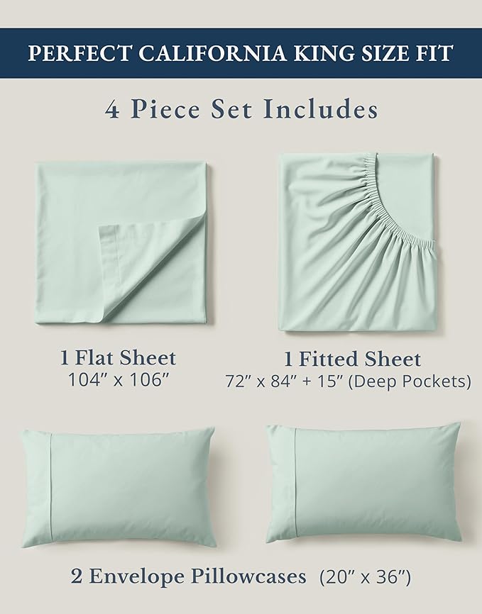 LANE LINEN 100% Organic Cotton California King Sheets Set, Soft & Comf Low Pill Fade Resistant Mercerized Cotton Fully Elasticized Cal King Sheets, Fits Mattress Upto 15" Deep -Cool Blue