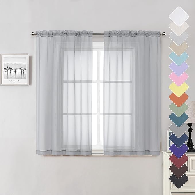 Light Grey Sheer Curtains 54 Inch Length 2 Panels, Airy & Breathable Solid by Lecloud