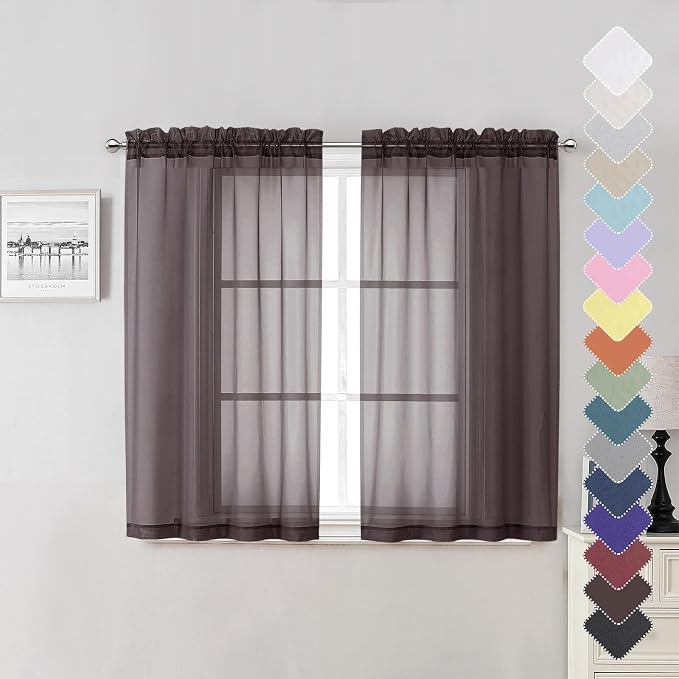 Sheer Curtains 45 Inch Length 2 Panels Set, Chocolate Solid Voile Rod Pocket by Lecloud