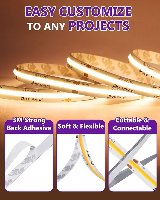 HitLights COB LED Strip Lights Warm White 3000K, 32.8ft Premium High Density 24V Tape Light, 5120 LEDs, 350+ LM/FT, CRI 90+, IP30, Lighting for Kitchen, Cabinets, UL Listed (Power Source Not Included)