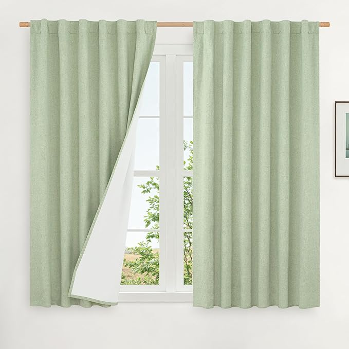 54 Inch Light Green Linen Full Blackout Window Curtains by LAMIT