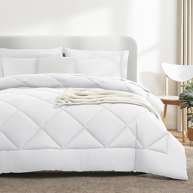 CozyLux Queen Comforter Set White - Bed in a Bag Queen Size 7 Pieces, Luxury Soft Bed Set for All Seasons, Bedding Set with Down Alternative Comforter, Sheets, Pillowcases & Shams