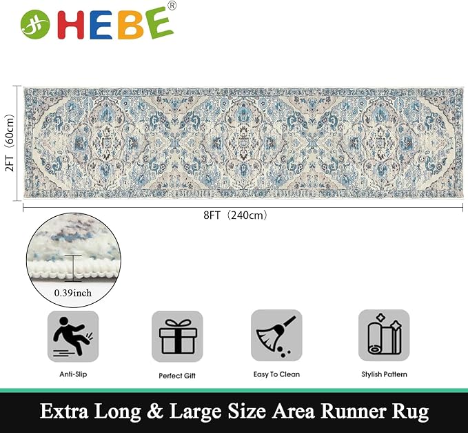 HEBE Hallway Runner Rug 2'x8', Washable Non Slip Kitchen Rug Runner | Soft Boho - Image 2