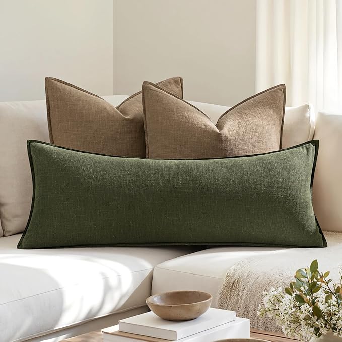 MIULEE Decorative Linen Lumbar Pillow Cover 14x36 Inch Dark Olive Green | Boho - Image 3