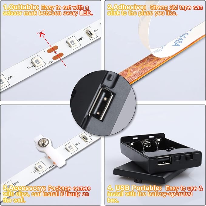 16.4FT Daylight White LED Strip Light with USB Plug+Battery Box Operated, 6000K Soft White Ribbon Strip, Adhesive 300LED Flexible Strip Tape for Kitchen Bedroom Under Cabinet TV Computer