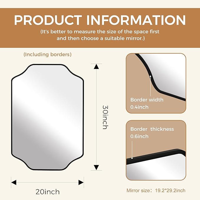 CULER Black Bathroom Wall Mirror,20 x 30 Inch Rectangle Vanity Modern Tempered Glass Mirror for Bedroom,Living Room,Entryway
