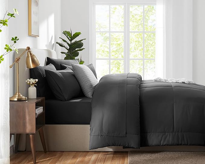 CozyLux Twin XL Comforter Set Dark Grey, 5 Pieces Twin Extra Long Bed in a Bag for College Dorm, All Season Bedding Set with Stitch Quilted Comforter, Flat Sheet, Fitted Sheet, Pillowcases