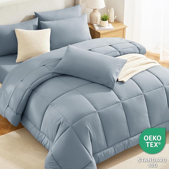 CozyLux King Size Comforter Set Grayish Blue, 7 Pieces Bed in a Bag, Dusty Blue Comforter King Size, All Season Bedding Sets with Stitch Quilted Comforter, Flat Sheet, Fitted Sheet, Pillowcases