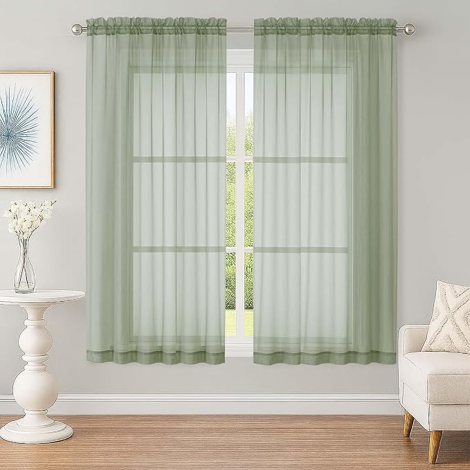 Sheer Sage Green Curtains, Sheer Curtains 63 inch Length 2 Panels Set, Rod by OWENIE