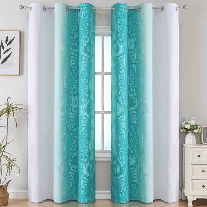 Teal and Grayish White Ombre Blackout Curtains - Image 2