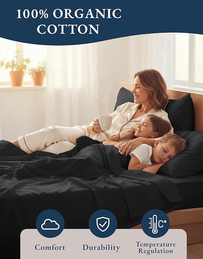 LANE LINEN 100% Organic Cotton Full Sheets Set, 4-Piece Pure Organic Cotton Percale Sheets, Long Staple Cotton Sheet, Ultra Soft Bedding Sheet, Breathable,Fits Mattress Upto 15" Deep - Black