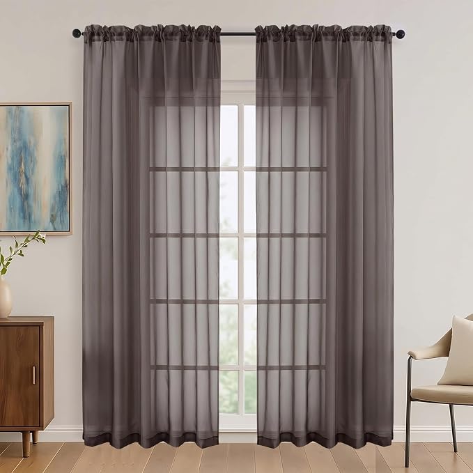 Chocolate Sheer Curtains 84 Inches Long 2 Panels Set, Light Filtering Sheer by OVZME