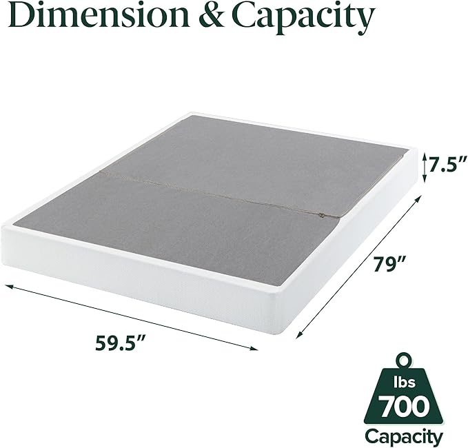 ZINUS 7.5 Inch Box Spring with Cover, No Assembly Mattress Foundation, Sturdy Metal Structure, Queen, White