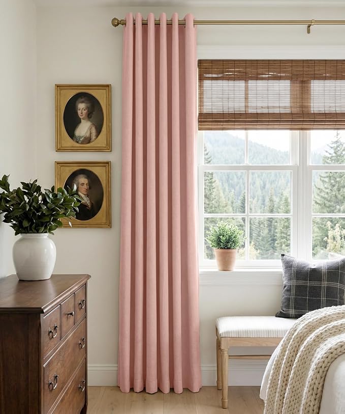 100% Blackout Linen Textured Curtains 108 Inch Long, Blush Pink | 100% Blackout - Image 2