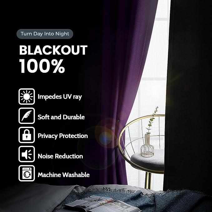 SimpleHome Purple 100% Blackout Curtains Room Darkening Living Room 63 Inch | - Image 3