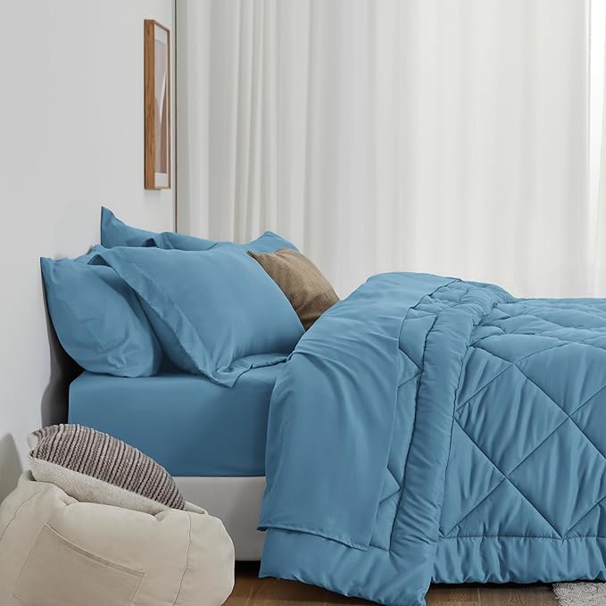 Love's cabin Queen Comforter Set Misty Blue, 7 Pieces Queen Bed in a Bag, All Season Bedding Sets with 1 Comforter, 1 Flat Sheet, 1 Fitted Sheet, 2 Pillowcase and 2 Pillow Sham