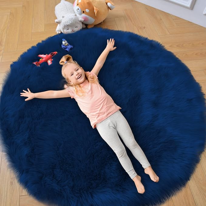 Navy Blue Faux Fur Sheepskin Round Rug 4x4 ft, Fluffy Shag Circle Rug | Shag - Image 5