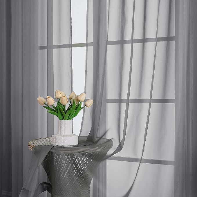 Chyhomenyc Extra Long Charcoal Grey Sheer Curtains 108 Inches Long 2 Panels - Image 2