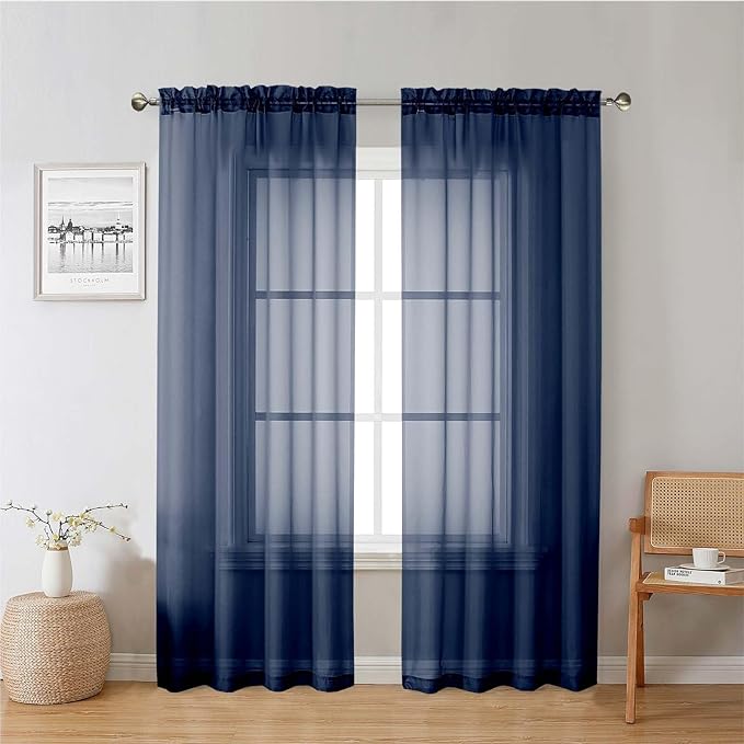 Navy Blue Sheer Curtains 78 Inches Long 2 Panels, Light Filtering Voile Airy by Lecloud