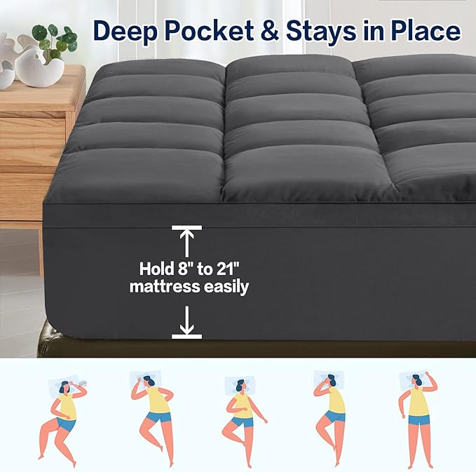SOPAT Mattress Topper Queen Size Extra Thick Mattress Pad 8-21" Deep Pocket Soft Down Alternative Fill Mattress Protector Pillow Top Mattress Cover (60x80 Inches, Dark Grey)
