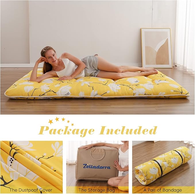 Japanese Floor Mattress, Futon Mattress with Portable Storage Bag and Washable Cover, Roll Up Thick Tatami Mat Suitable for Camping, Guest Room, Yellow Flower, Twin