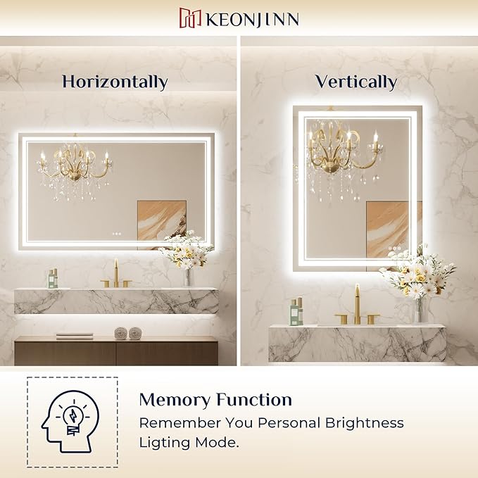 Keonjinn LED Bathroom Mirror 40x30 Inch with Frontlit and Backlit, Stepless 3 Colors Temperature & Dimmable Wall Mirror, UL Listed LED Driver, Anti-Fog, Double Lights, Frameless Bathroom Vanity Mirror