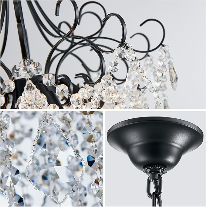 WUZUPS Crystal Chandelier 5-Light Pendant Ceiling Light Modern Lighting Fixture for Dining Room Hallway Bedroom Kitchen Bathroom, H 22.4" x W 18.3", E12 Base, Black