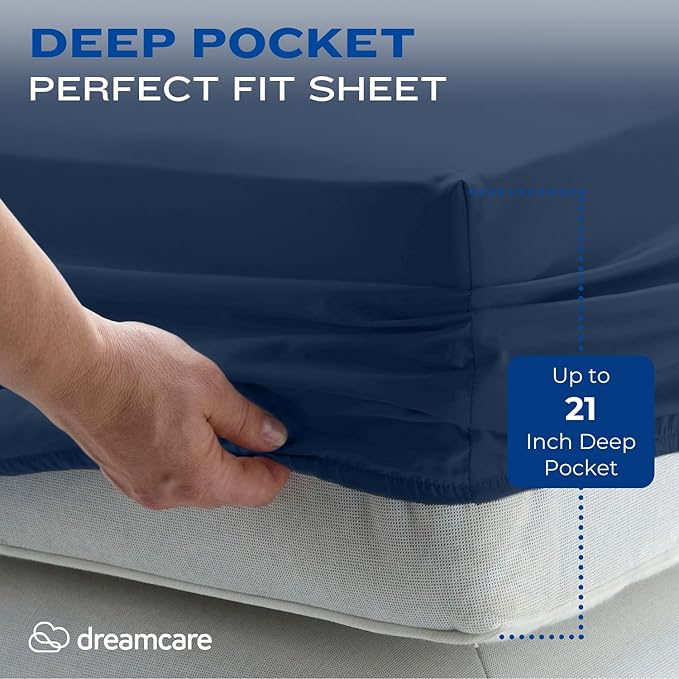 DREAMCARE Full Size Sheets – 4 pcs Cooling Sheets – up to 21” Deep Full Sheet Set – Hotel Luxury Sheets & Pillowcases – Superior Softness 100% Fine Microfiber with Side Pocket – Navy Blue