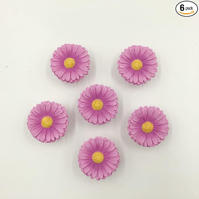 Daisy Vintage Resin Hand Painted Drawer Pulls Cabinet Knobs Handles Country Kitchen Home Decoration Purple (Pack of 6)