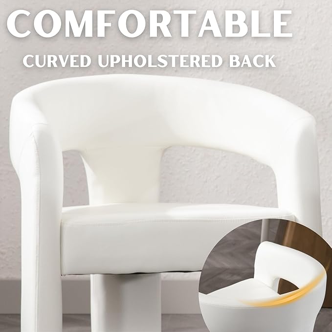 Modern Barrel Dining Chairs Set of 2, PU Leather Upholstered Accent Side Chair with Arms Comfy Makeup Vanity Chairs, Dining Living Room Kitchen Chairs, White