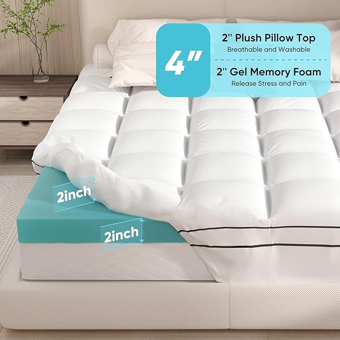 Memory Foam Mattress Topper King Size, Dual Layer 4 Inch Mattress Pad,2 Inch Gel Memory Foam Plus 2 Inch Pillow Top Cover with 8-21 Inch Deep Pocket