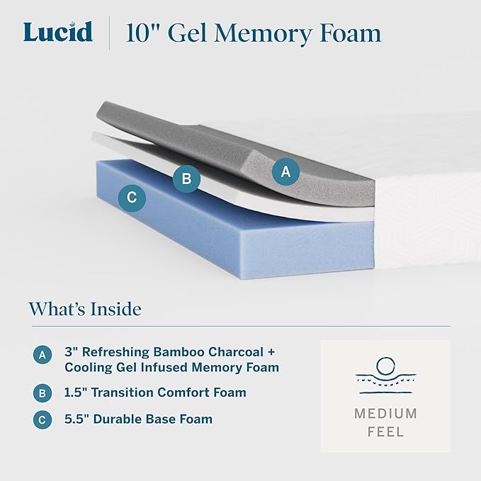 Lucid 10 Inch Memory Foam Mattress - Medium Feel - Infused with Refreshing Bamboo Charcoal and Cooling Gel - Bed in a Box - Temperature Regulating - Pressure Relief - Breathable - Twin Size