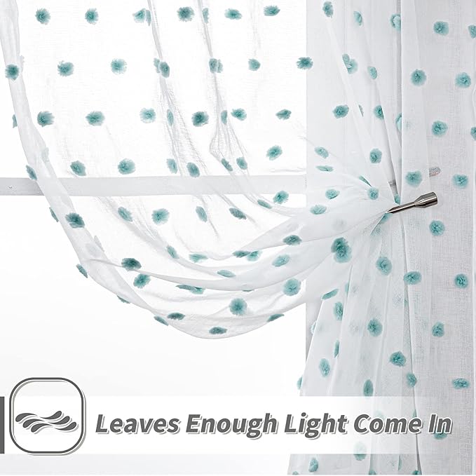 MYSKY HOME 108 Inch Long Large Pom Pom Sheer Curtains for Living Room - Aqua White, Light Filtering, Rod Pocket Window Panels - 38 x 108 inch, 2 Pieces