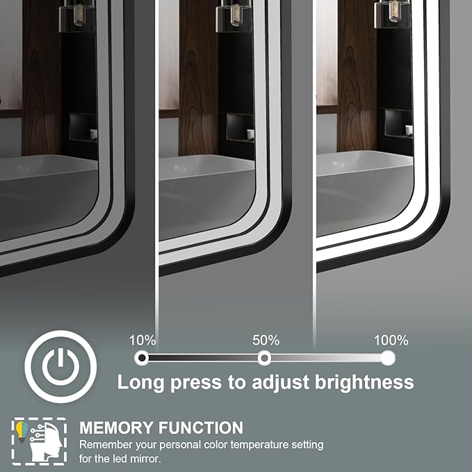 24x36 Inch LED Bathroom Mirror with Lights, Black Metal Framed LED Mirror for Bathroom, 3 Colors and Stepless Dimmable Wall Mounted Lighted Bathroom Vanity Mirror, Anti-Fog, Memory