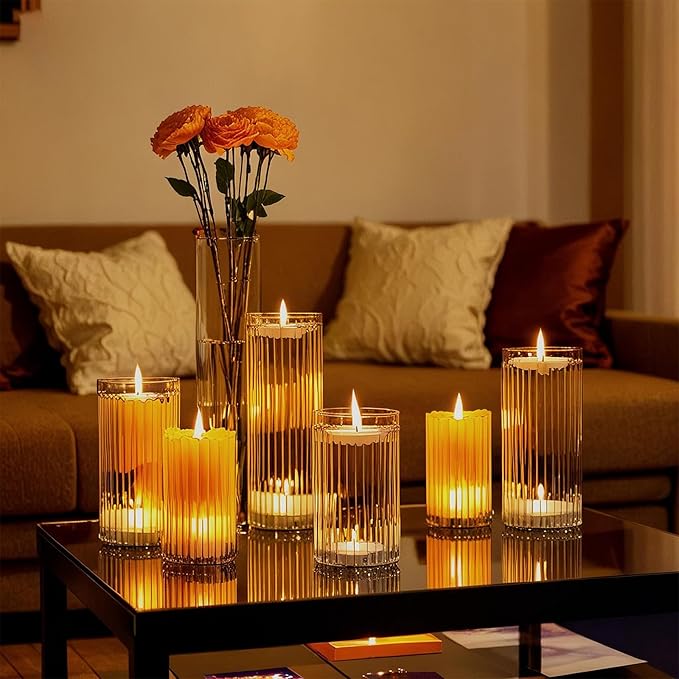 yshengood 12 Pcs Ribbed Hurricane Glass Candle Holders Glass Cylinder Candle Holder for Pillar Candle Floating Candle Holder