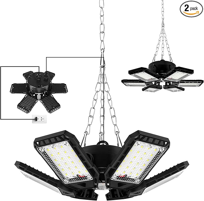 LED Garage Lights 2 Pack - 180W, 18000LM 6500K Led Shop Light with 6+1 Deformable Panels, Basement, Barn, Warehouse, Shop Ceiling Lights, E26/E27 for Multiple Uses
