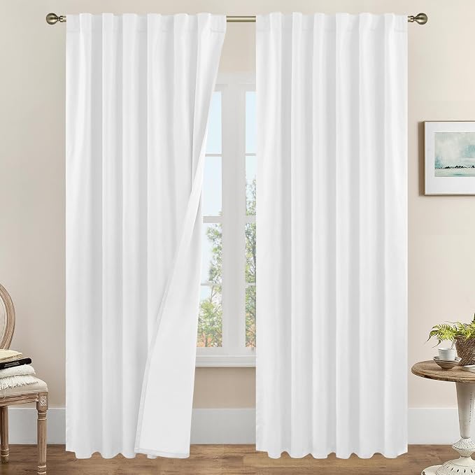 White 100% Blackout Linen Curtains 84 Inches by LAMIT
