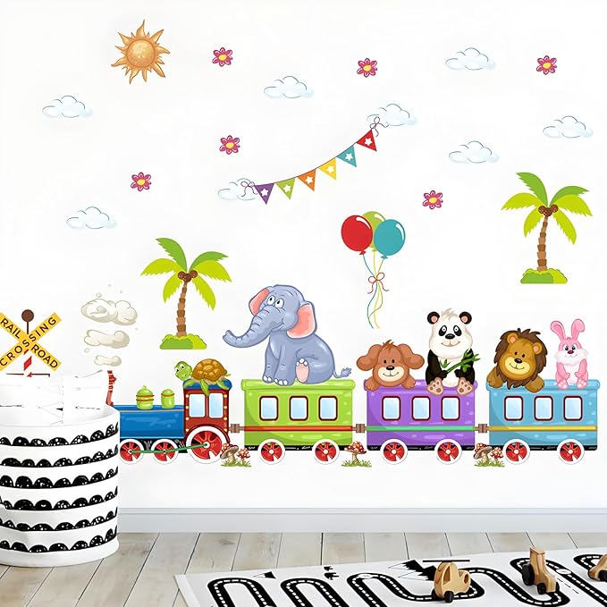 Jungle Animal Wall Stickers Train Elephant Panda Lion Rabbit Safari Wall Decals Kid Room Nursery Baby Bedroom Decor